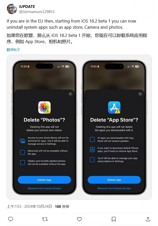 北仑苹果手机维修分享iOS 18.2 支持删除 App Store 应用商店 