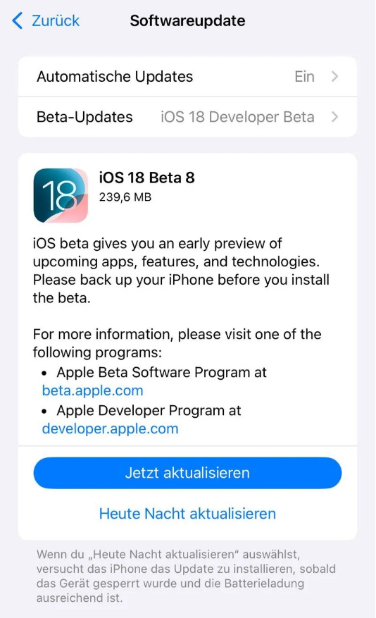 北仑苹果手机维修分享苹果 iOS / iPadOS 18 开发者预览版 Beta 8 发布 